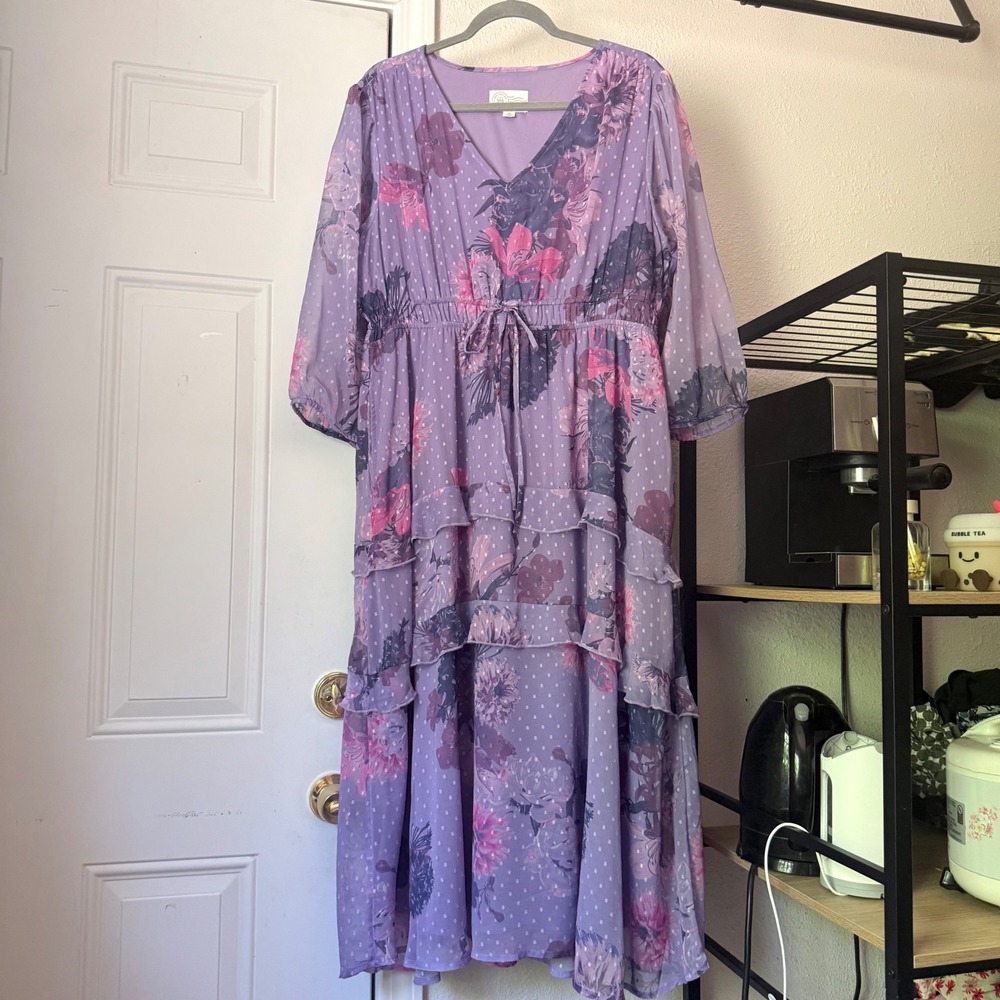 DESTINATION 365 lavender purple Swiss dot floral tiered puff sleeve midi dress